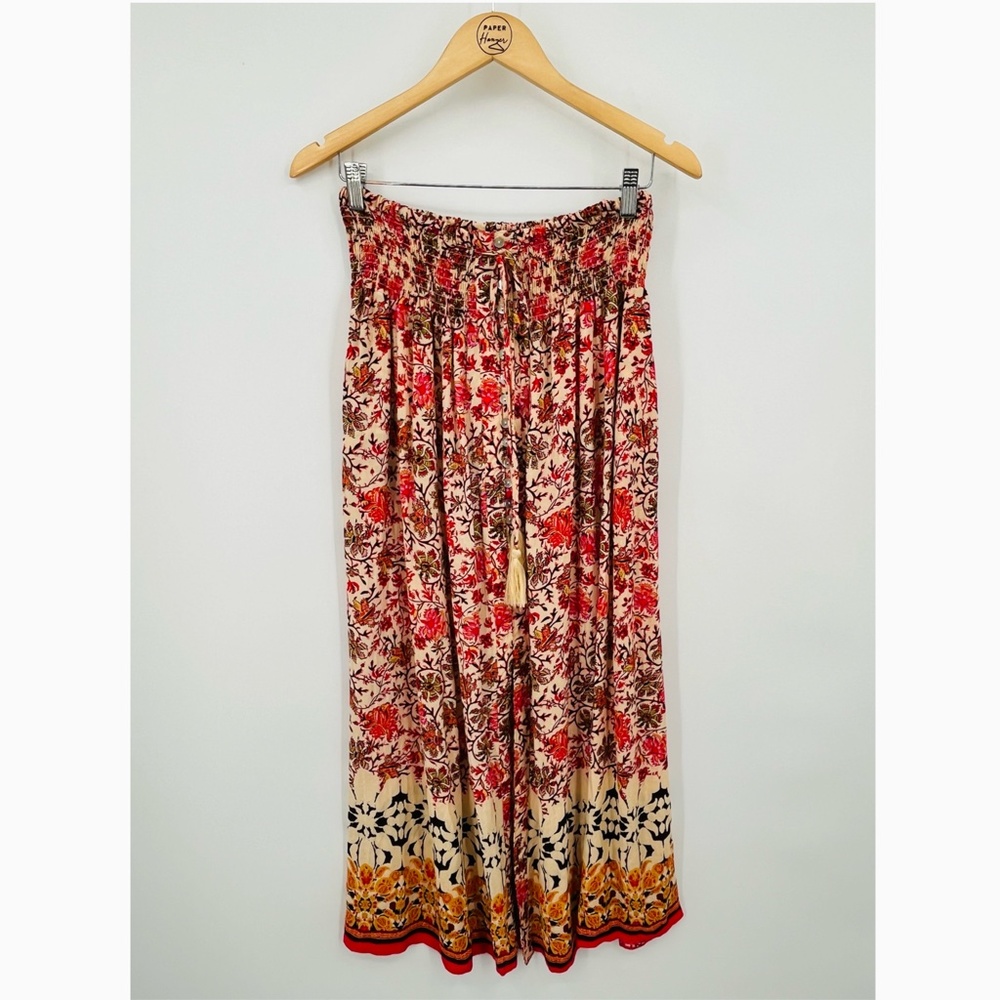 Nicole Miller Floral Boho Maxi High Waist Smocked Skirt Size Medium Pockets